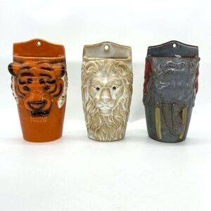 Safari Animals Tiger, Lion and Elephant Head Wall Pocket Vases